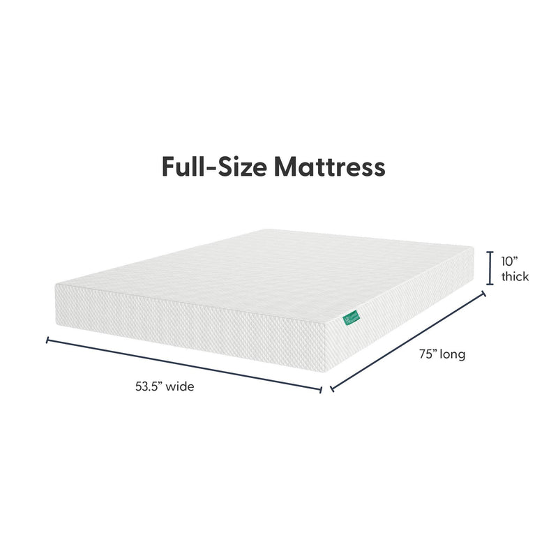 Full-size mattress measuring 53.5 inches wide, 75 inches long, and 10 inches thick for comfortable sleep.
