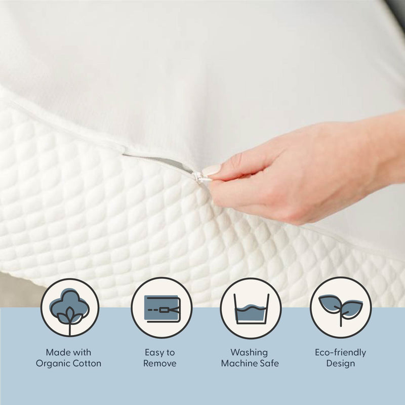 Organic cotton mattress cover being zipped, showcasing easy removal, machine washability, and eco-friendly design.