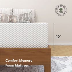 10-inch comfort memory foam mattress with 10-year warranty and stylish bedding.
