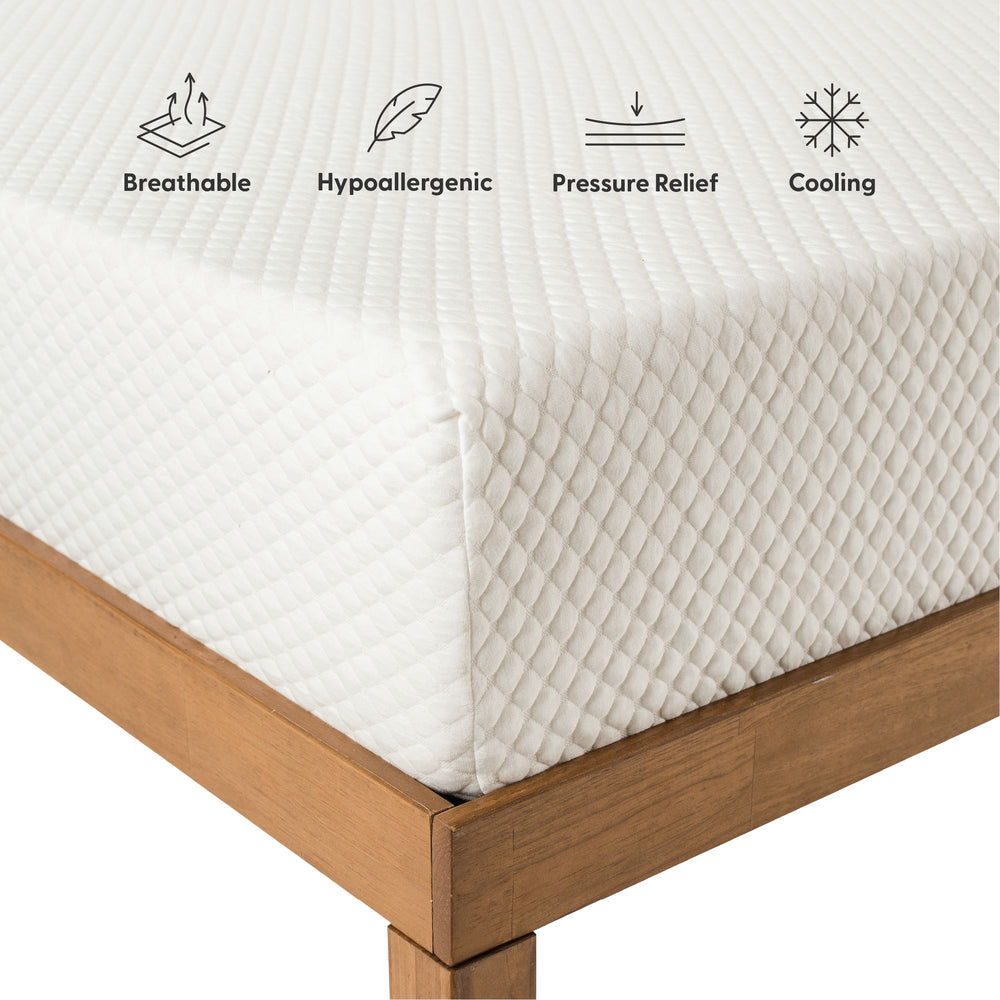 Breathable, hypoallergenic mattress with pressure relief and cooling features on wooden bed frame.