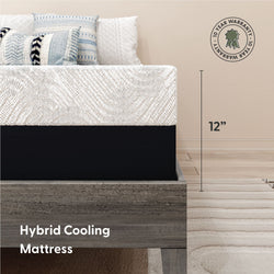 Hybrid cooling mattress with 12-inch thickness and 10-year warranty on wooden bed frame, enhancing sleep comfort and durability.