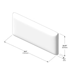 Isometric diagram of a white foam bed-wedge backrest pillow with rounded corners, dimensions 56.5″ (143.5 cm) length × 25.75″ (65.4 cm) height × 3.5″ (9 cm) thickness