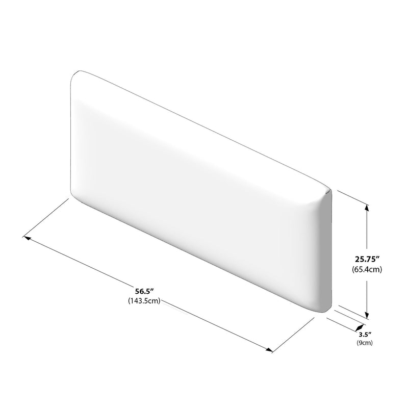 Isometric diagram of a white foam bed-wedge backrest pillow with rounded corners, dimensions 56.5″ (143.5 cm) length × 25.75″ (65.4 cm) height × 3.5″ (9 cm) thickness