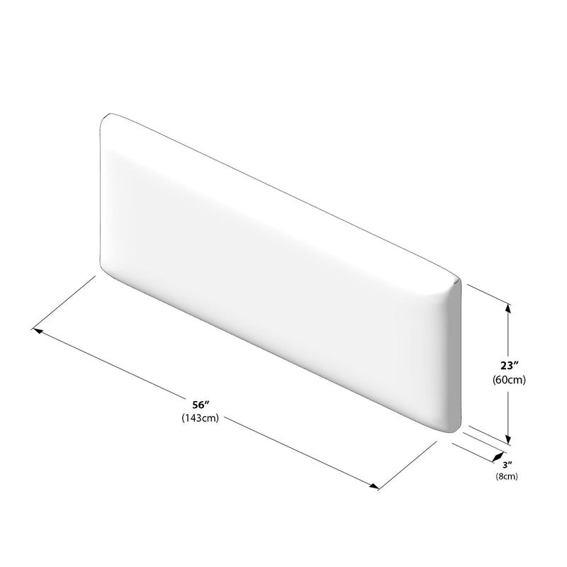Upholstered white bed headboard panel — padded rectangular headboard cushion with rounded corners, 56 in x 23 in x 3 in (143 x 60 x 8 cm)