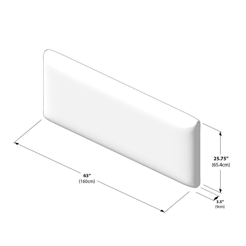White padded upholstered headboard cushion technical drawing showing dimensions 63 in (160 cm) length × 25.75 in (65.4 cm) height × 3.5 in (9 cm) thickness with rounded corners
