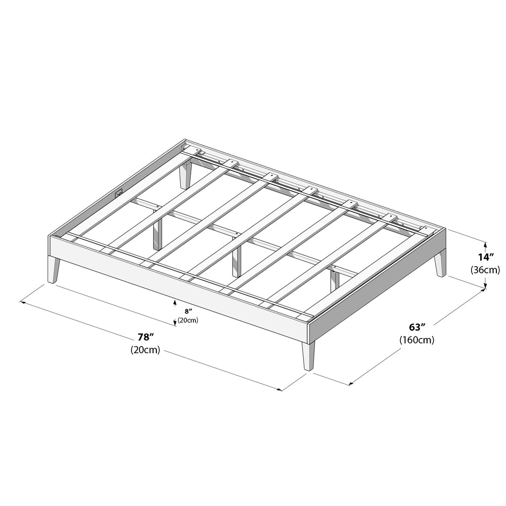 Queen size bed frame dimensions with slats and legs, measuring 78 inches by 63 inches by 14 inches high, drawing illustration.
