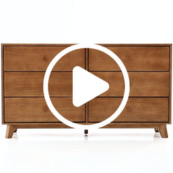 Mid-century modern wooden dresser with six drawers, ideal for stylish home storage solutions.