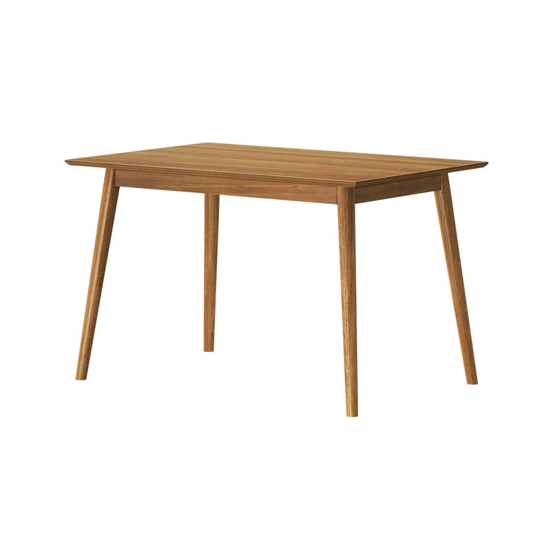 Mid-century modern wooden dining table with sleek design and tapered legs.