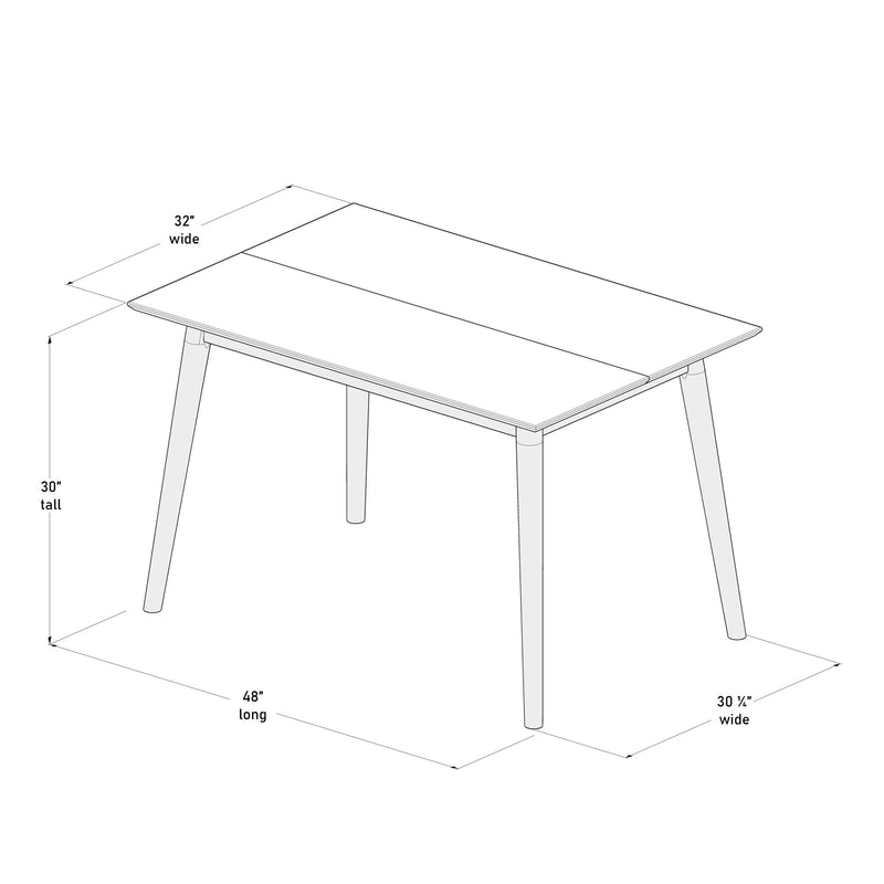 Illustration of a wooden dining table with measurements: 48 inches long, 32 inches wide, and 30 inches tall, showcasing modern design and functional dimensions.