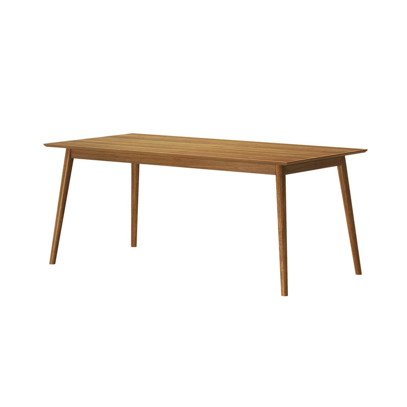 Mid-century modern wooden dining table with sleek lines and tapered legs.