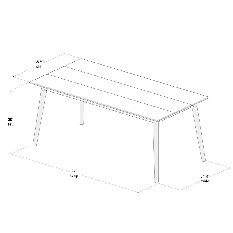 Rectangular wooden dining table with dimensions: 72 inches long, 34 3/4 inches wide, and 30 inches tall.