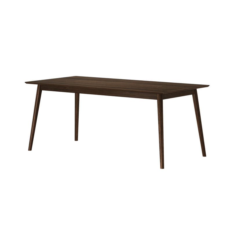 Mid-century modern dark wood dining table with sleek design and tapered legs.