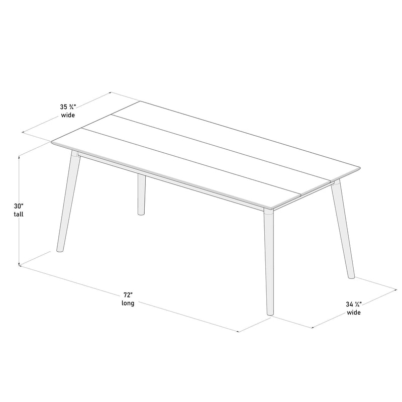 Line drawing of a rectangular table with dimensions: 72 inches long, 35 3/8 inches wide, and 30 inches tall, ideal for dining and workspace use.