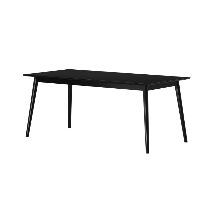 Black modern rectangular dining table with sleek design.