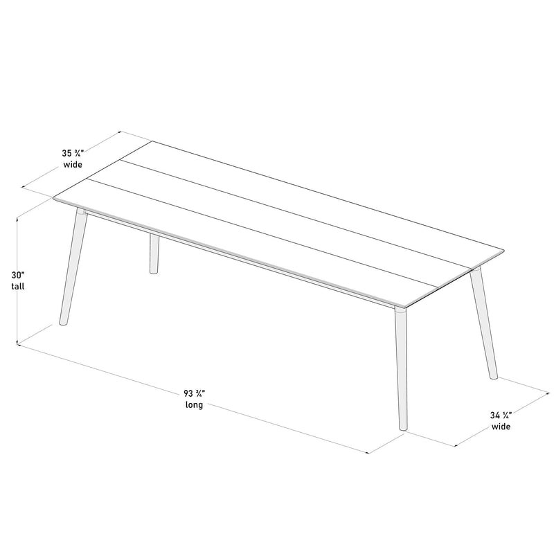 Rectangular dining table dimensions illustration, 93¾ inches long, 35¾ inches wide, 30 inches tall, modern furniture design.