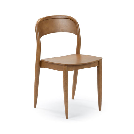 Modern wooden dining chair with curved backrest and tapered legs.