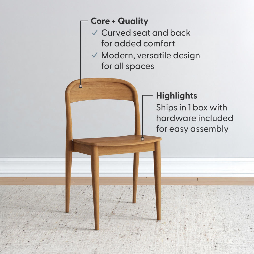 Modern wooden chair with curved seat and back, highlighting easy assembly and versatile design.