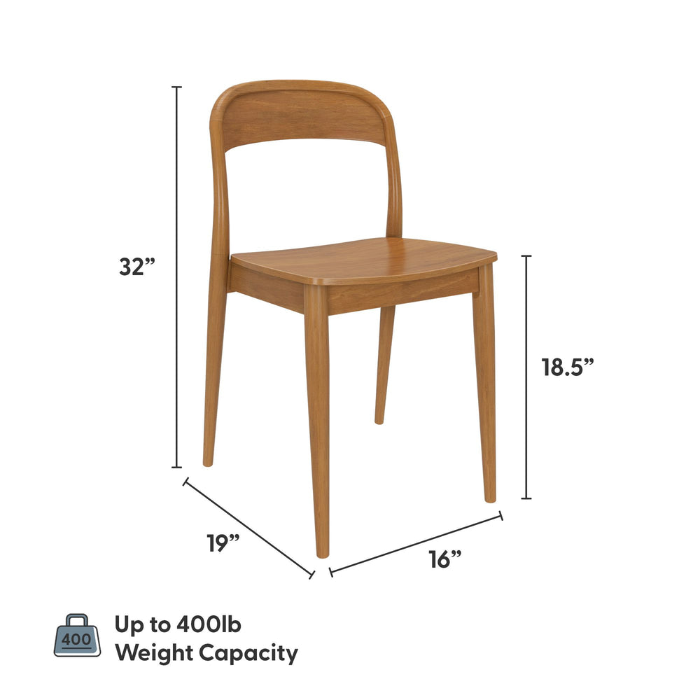 Mid-century modern wooden chair with dimensions 32 inches high, 19 inches deep, 16 inches wide, and 18.5 inches seat height, supporting up to 400 lbs weight capacity.