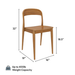 Mid-century modern wooden chair with dimensions 32 inches high, 19 inches deep, 16 inches wide, and 18.5 inches seat height, supporting up to 400 lbs weight capacity.