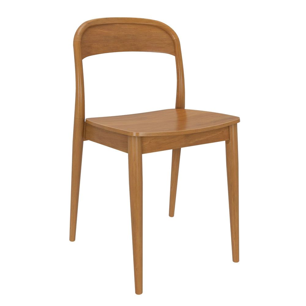 Mid-century modern wooden dining chair with curved backrest and clean lines.