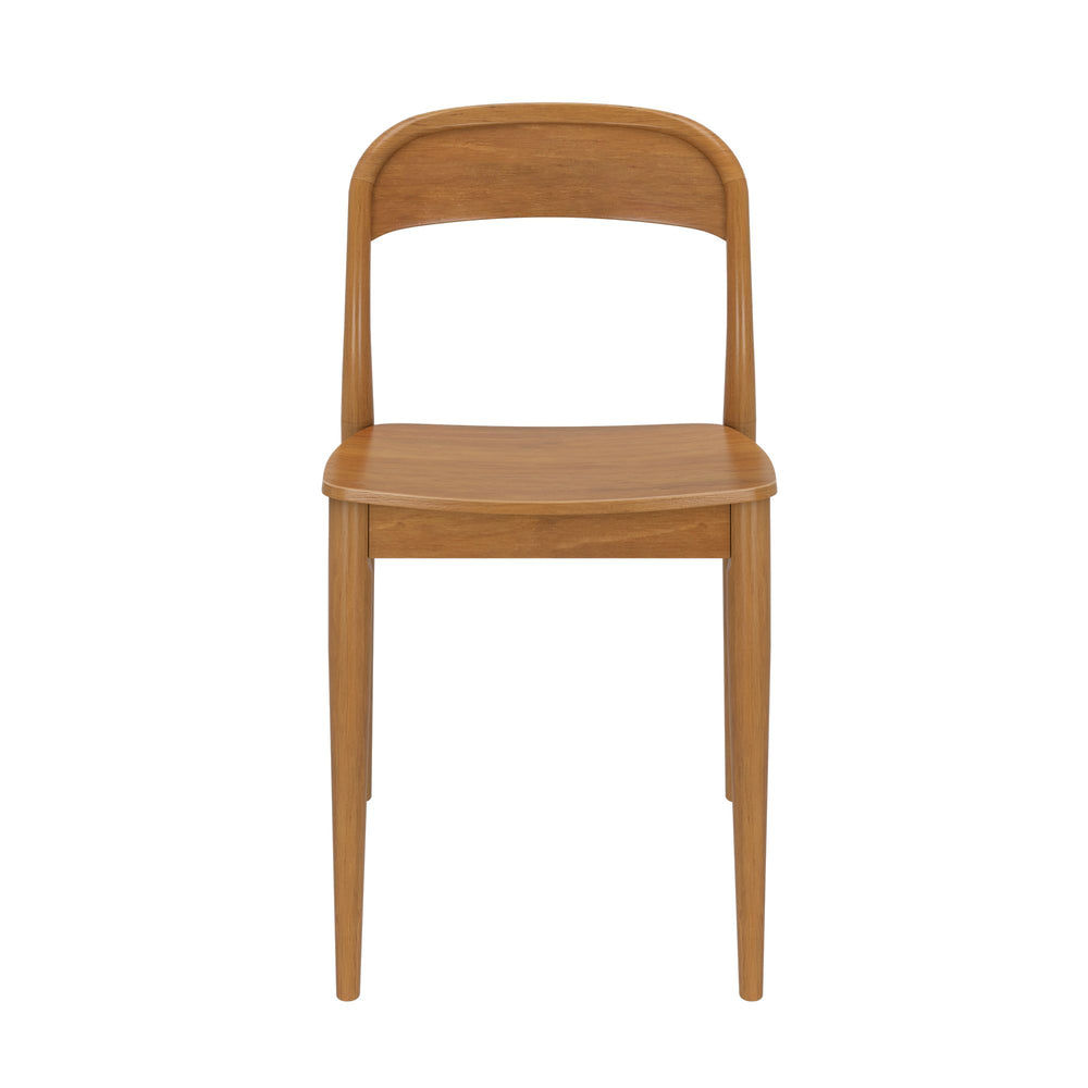 Simple wooden dining chair with a curved back, ideal for modern home interiors.