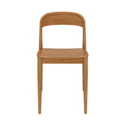 Simple wooden dining chair with a curved back, ideal for modern home interiors.