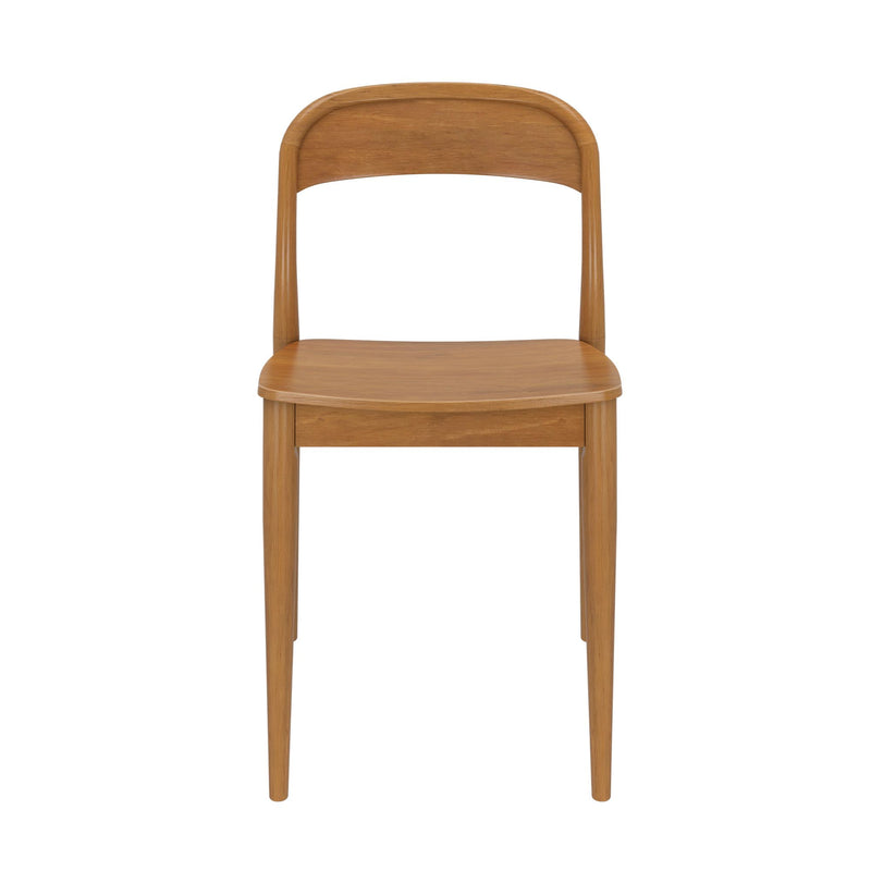 Simple wooden dining chair with a curved back, ideal for modern home interiors.