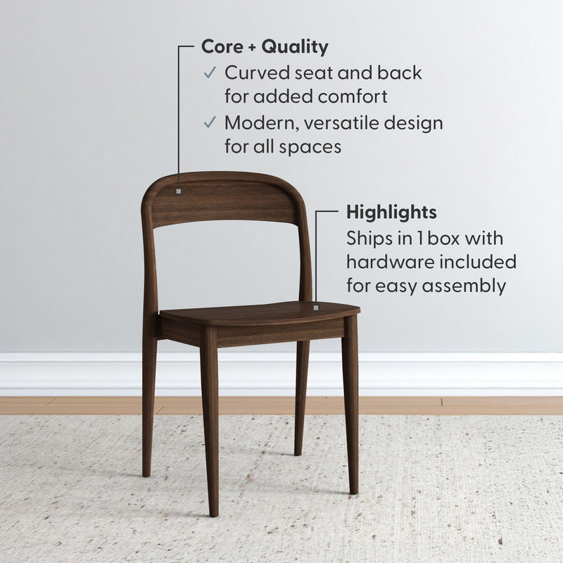 Modern walnut wooden dining chair with curved seat and back, tapered legs, mid-century modern design, ships in one box with hardware for easy assembly