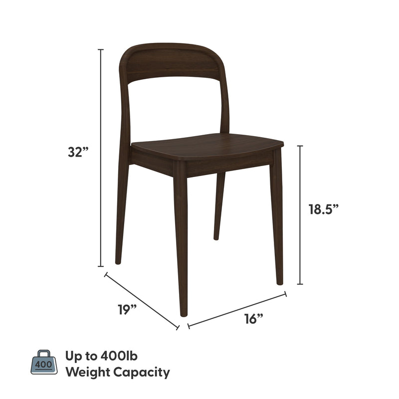 Dark brown mid-century modern armless solid wood dining chair with curved back, 32 in overall height, 18.5 in seat height, 19 in depth, 16 in width, up to 400 lb weight capacity, ideal for kitchen or dining room