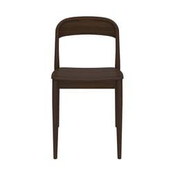 Dark walnut finish mid-century modern armless wooden dining chair with curved backrest, contoured seat and tapered legs