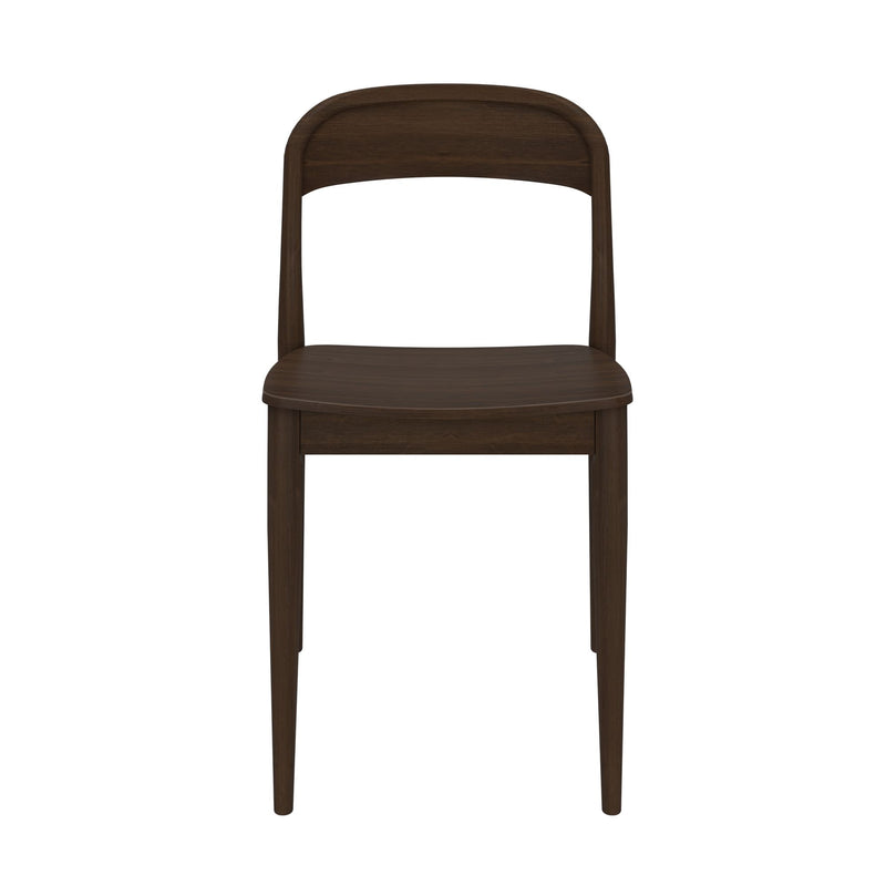 Dark walnut finish mid-century modern armless wooden dining chair with curved backrest, contoured seat and tapered legs