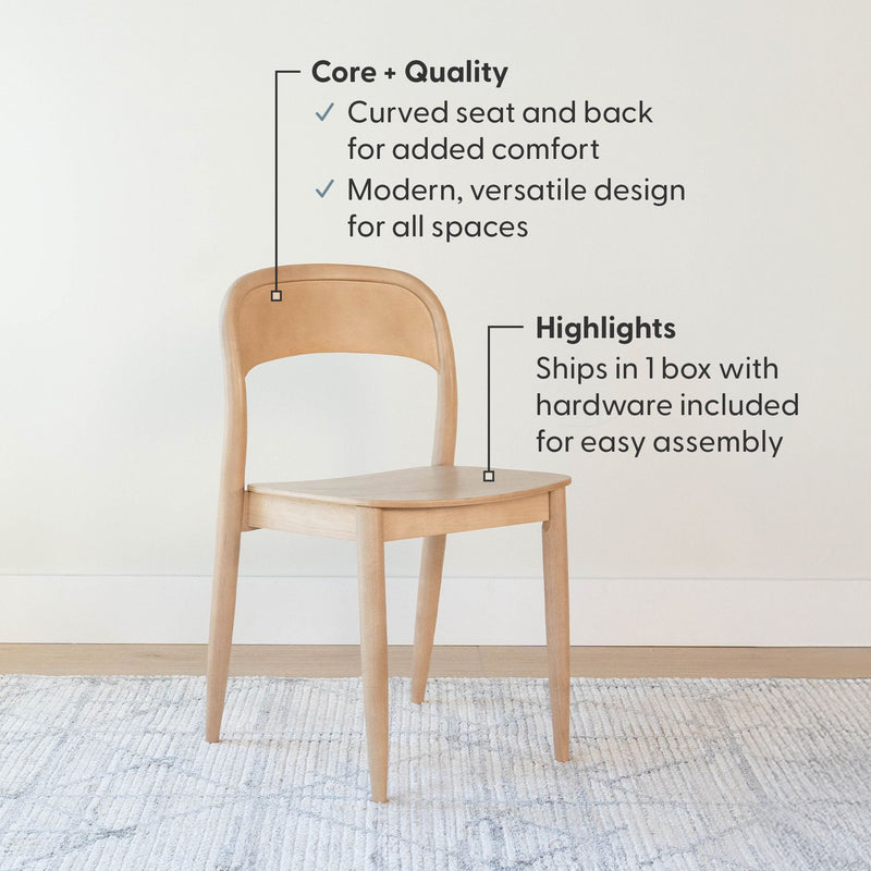 Modern wooden chair with curved seat and back, designed for comfort and versatility, easy assembly with included hardware.
