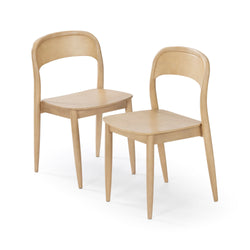Pair of modern wooden dining chairs with curved backs and minimalist design.