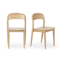 Modern wooden dining chairs with curved backrests and sleek design.