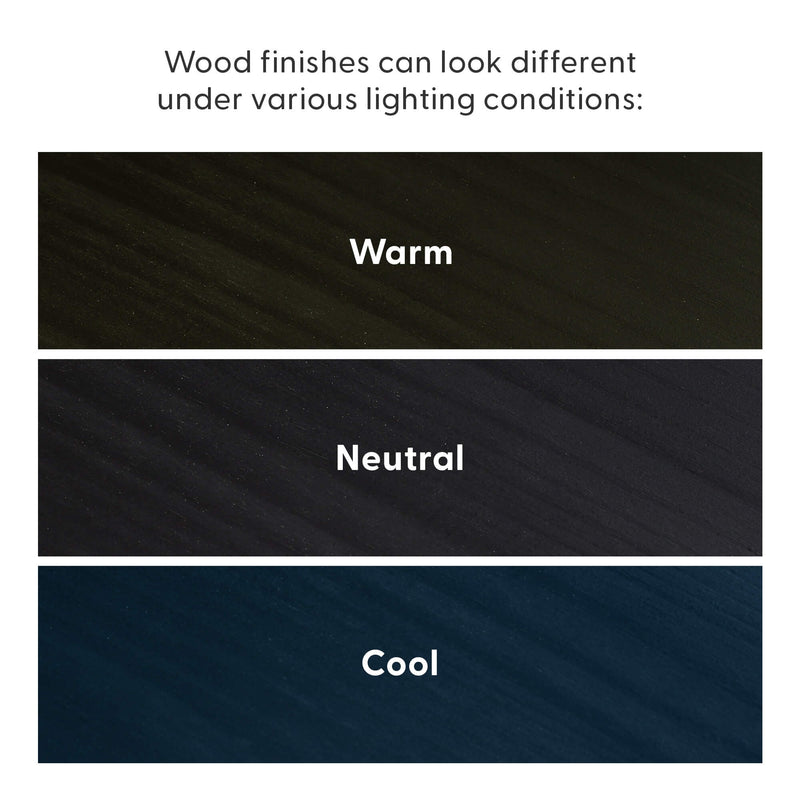 Three dark wood finish samples labeled Warm, Neutral, and Cool demonstrating how wood stain color, tone, and grain appearance change under different lighting conditions