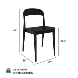 Black modern dining chair with curved backrest and tapered legs, 32 in overall height, 18.5 in seat height, 19 in width, 16 in depth, supports up to 400 lb weight capacity