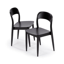 Set of 2 black modern wooden dining chairs with curved backrests and tapered legs, mid-century style kitchen or dining room seating