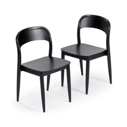 Set of 2 black wooden dining chairs with curved backrests and tapered legs, minimalist modern mid-century design