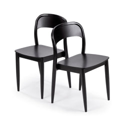 Pair of black wooden dining chairs with curved backrests and tapered legs in modern mid-century style on a white background