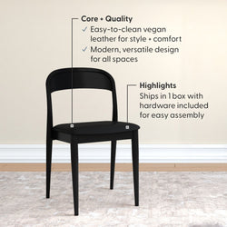 Black modern dining chair with easy-to-clean vegan leather upholstery and sleek versatile design for dining rooms and small spaces, ships in one box with hardware included for easy assembly