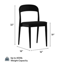 Black modern dining chair with curved back and tapered legs — 32" overall height, 19" seat height, 18" depth, 16" seat width, up to 400 lb weight capacity