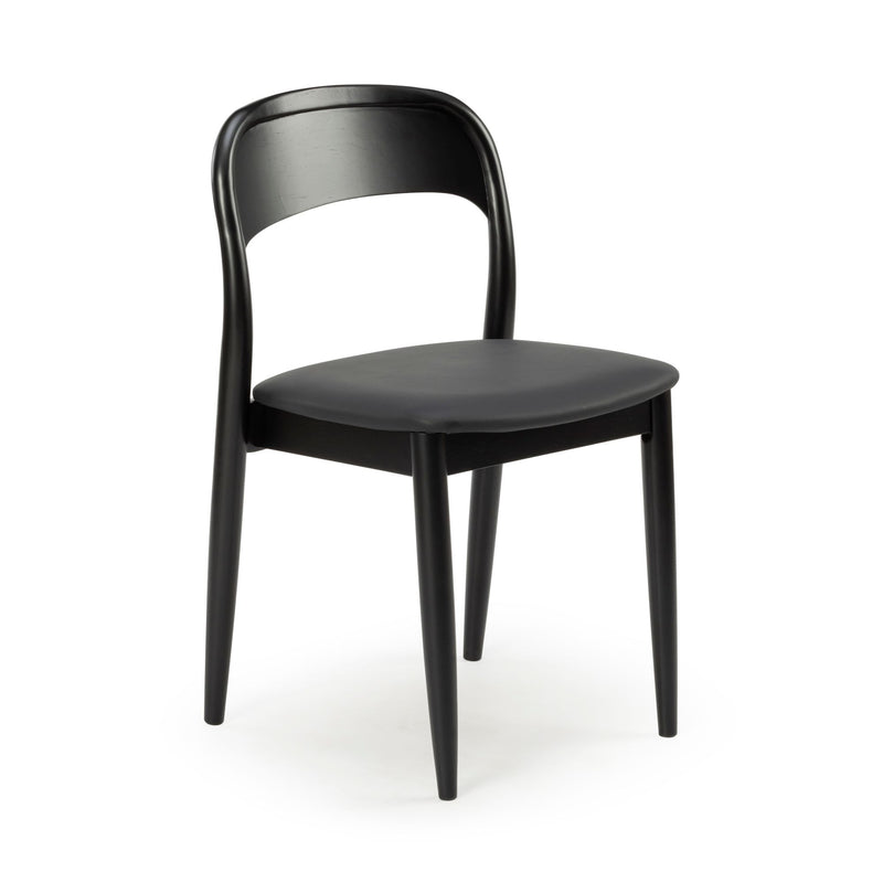 Black wooden dining chair with curved backrest and padded seat — modern minimalist design for kitchen or dining room