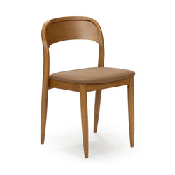 Mid-century modern wooden dining chair with curved backrest and tan upholstered seat in natural oak finish, isolated on white