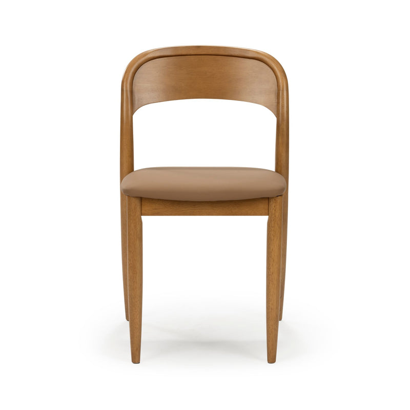 Mid-century modern solid oak dining chair with rounded curved backrest, tan leather upholstered seat and tapered legs on a white studio background