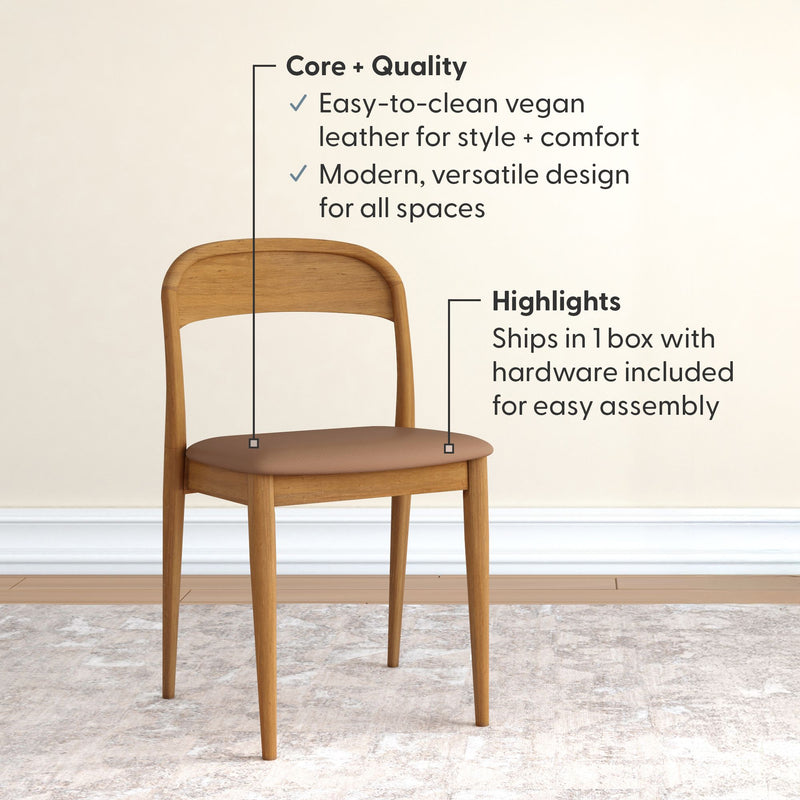 Wooden dining chair with oak finish and brown easy-to-clean vegan leather seat, mid-century modern dining room chair, ships in one box with hardware for easy assembly