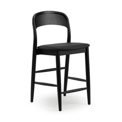 Black wooden bar stool with curved backrest and padded seat, modern minimalist kitchen counter stool
