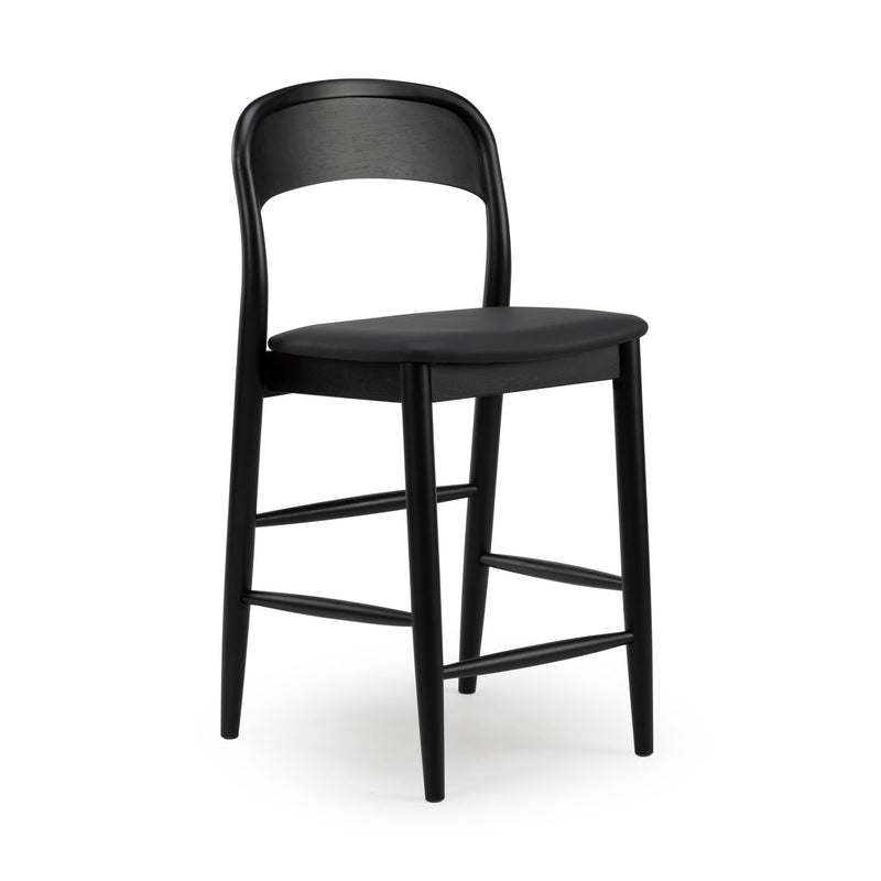 Black wooden bar stool with curved backrest and padded seat, modern minimalist kitchen counter stool