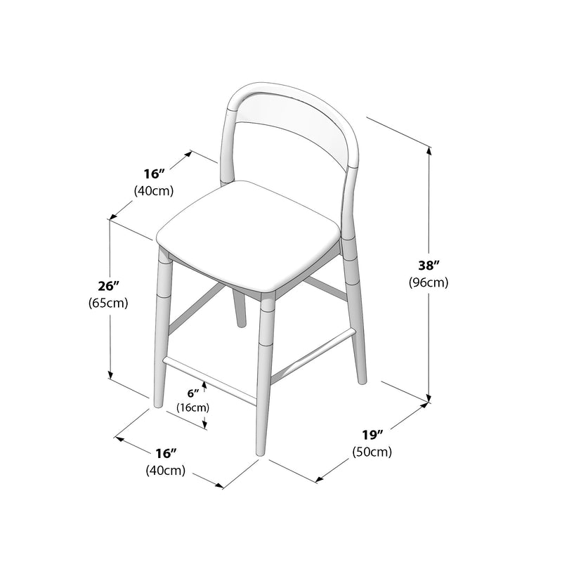 Counter-height bar stool with curved backrest and padded seat, kitchen/dining counter stool with dimensions: 38″ (96 cm) overall height, seat height 26″ (65 cm), seat width 16″ (40 cm), depth 19″ (50 cm), footrest 6″ (16 cm).