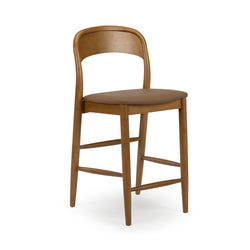 Mid-century modern oak bar stool with curved backrest and brown upholstered seat, ideal for kitchen island or counter