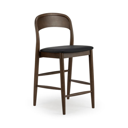 Mid-century modern walnut wooden bar stool with curved back, black upholstered seat and footrest